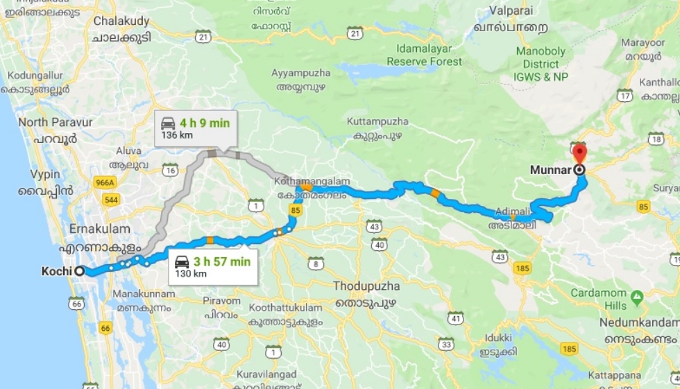 Kochi airport to Munnar distance 